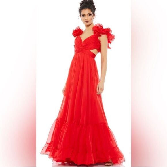 MAC DUGGAL RUFFLE TIERED CUT-OUT CHIFFON GOWN red size 8 NWT